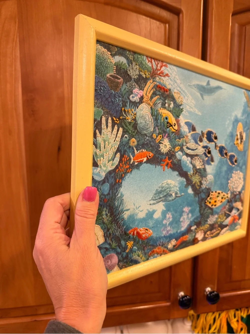 Unique Tropical Fish Reef Needle Point Embroidered Wall Art in Blue and Yellow
